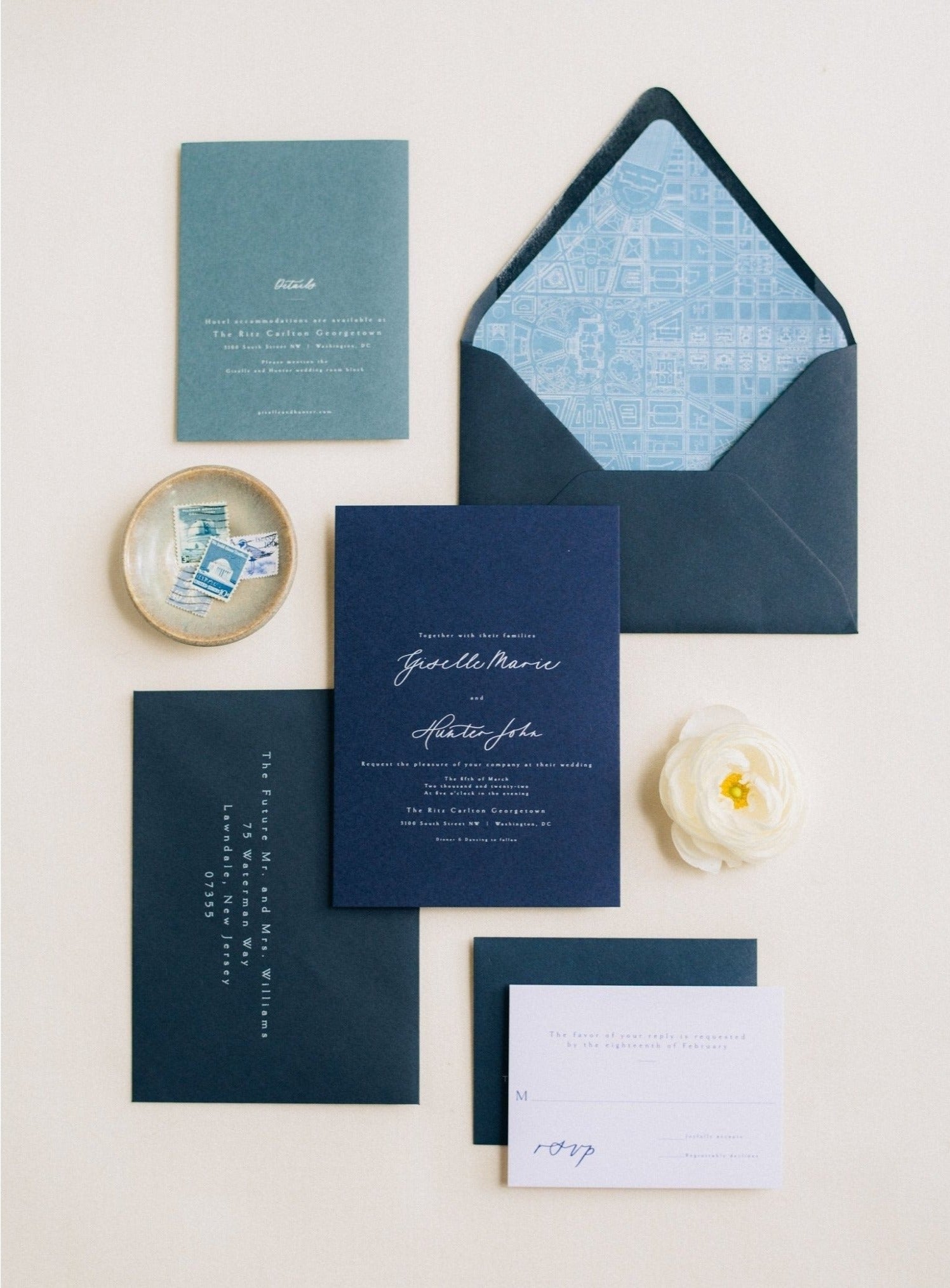 Navy Blue Monogram Wedding Invitation With RSVP and Reception 