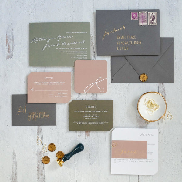 Modern Wedding Invitations - Pops of Blush, Green &amp; Gold - Lively House & Home